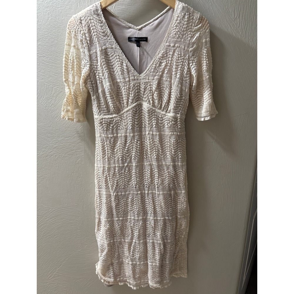 Chris McLaughlin Cream Lace V-Neck Midi Dress Short Sleeve Sheath Size 6